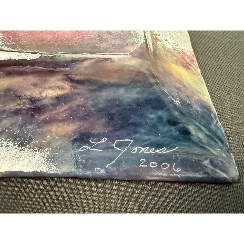 L Jones Signed 2006 Fused Studio Art Glass Plate Purple Gold Abstract Square
